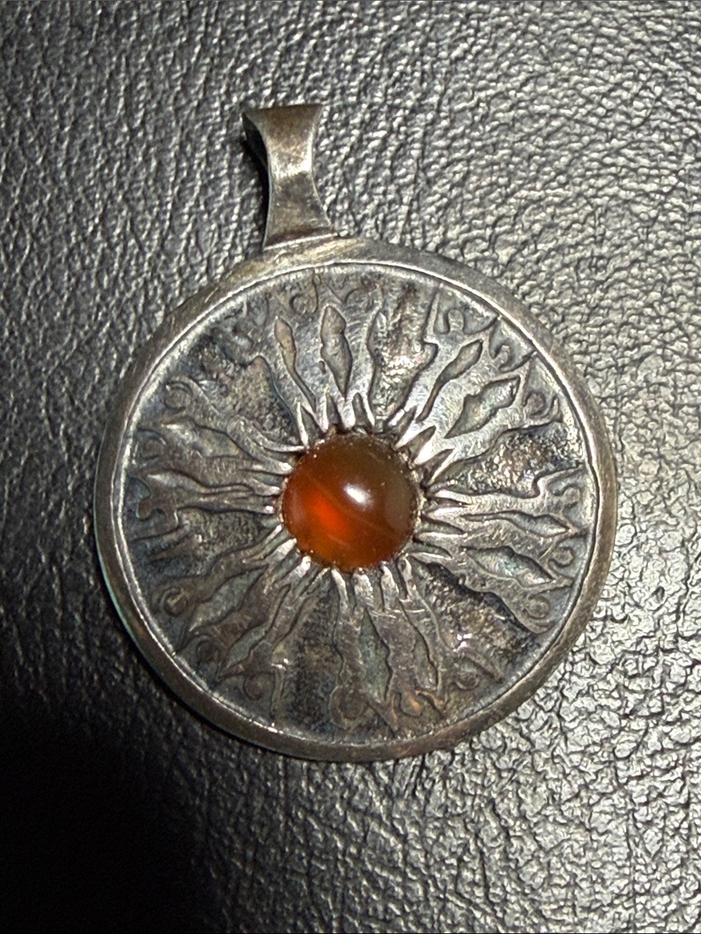 Vintage Silver Sunburst Pendant with Orange-Red Stone